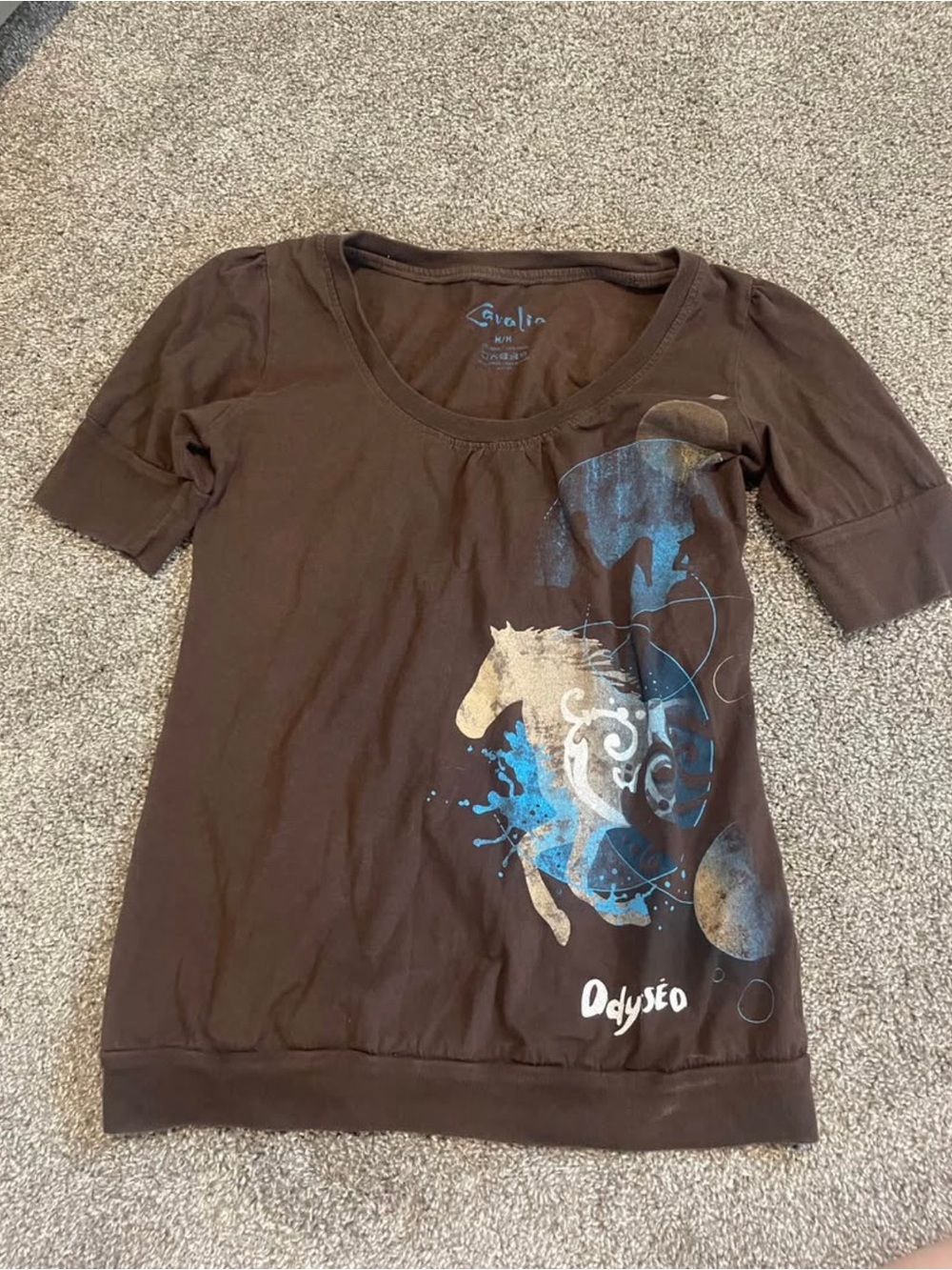 Valia Brown Short Sleeve Tee with Blue & Cream Horse Graphic